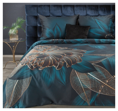 Pościel hiszpańska bawełniana ciemnoturkusowa 220x200 beżowy kwiat Premium