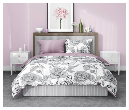 Pościel satyna bawełniana Elegant biało fioletowa 160x200 w kwiaty i motyle