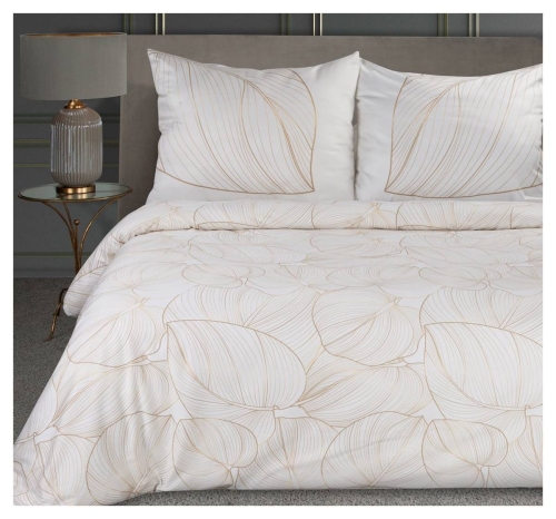 Ekskluzywna pościel makosatyna biała w złote liście 160x200 Blanca