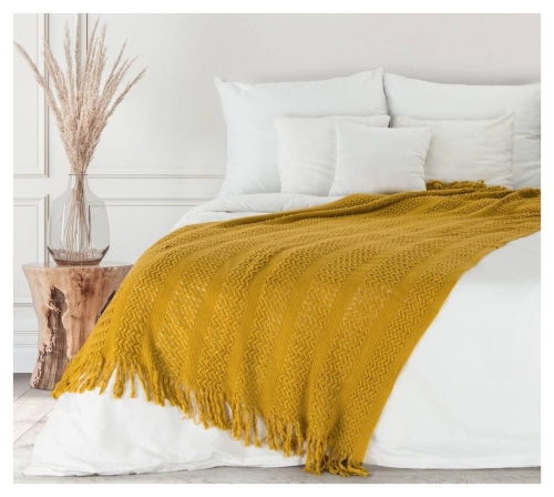 Koc akrylowy pleciony 130x170 musztardowy