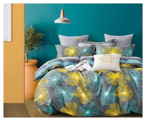 Komplet pościeli dwustronnej stalowej 200x200 z dwoma poszewkami 50x70 w kwiaty