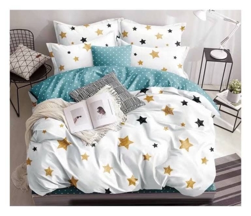 Komplet pościeli dwustronnej biało miętowej 200x220 w złote i czarne gwiazdki