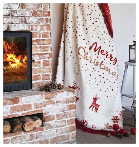 Koc świąteczny 150x200 Merry Christmas z frędzlami