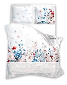 Pościel bawełniana biała Trendy 160x200 w kwiaty i motyle