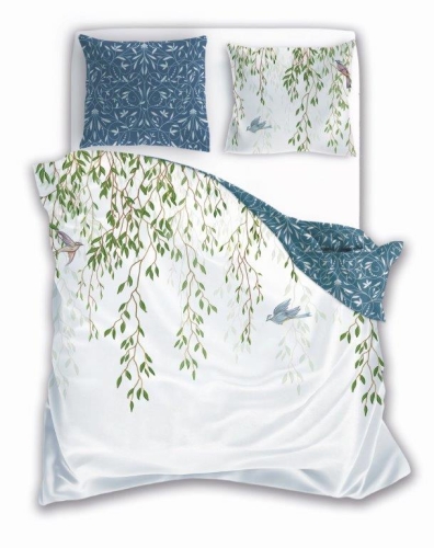 Pościel bawełniana biała Trendy 160x200 liście i ptaki