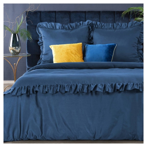 Premium pościel granatowa makosatyna 220x200 z falbanką