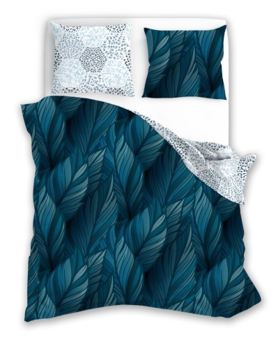 Pościel bawełniana Letni Sen granatowo biała 160x200 z dwoma poszewkami 50x70 w liście