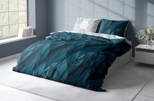 Pościel bawełniana Letni Sen granatowo biała 160x200 z dwoma poszewkami 50x70 w liście