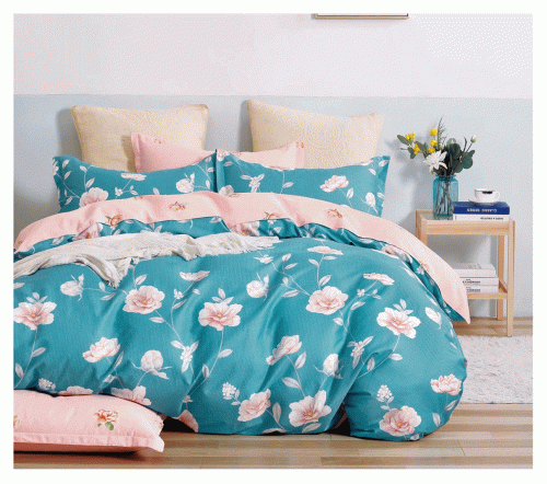 Komplet pościeli dwustronnej turkusowej 200x220 w różowe kwiaty