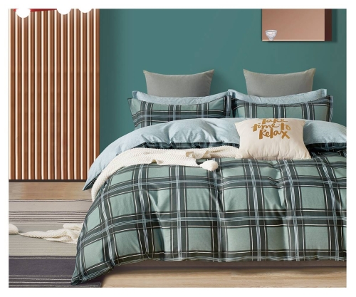 Komplet pościeli dwustronnej stalowo zielonej 200x220 w kratę