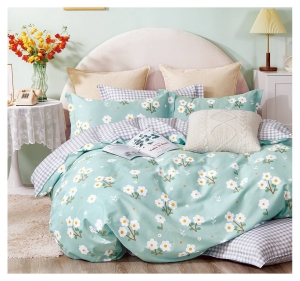 Komplet pościeli dwustronnej miętowej 200x200 z dwoma poszewkami 50x70 w biało żółte kwiaty