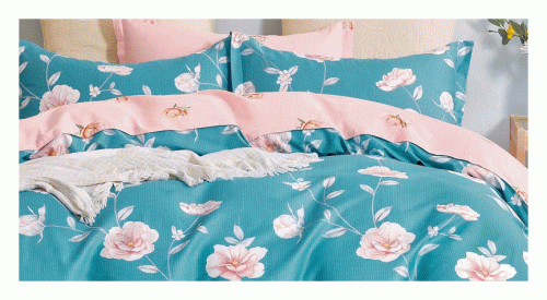 Komplet pościeli dwustronnej turkusowej 200x220 w różowe kwiaty
