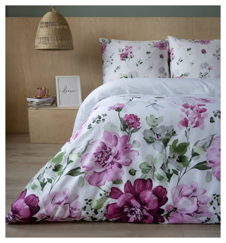 Pościel satyna bawełniana Home Satin biała 160x200 kwiaty w odcieniach różu i fioletu