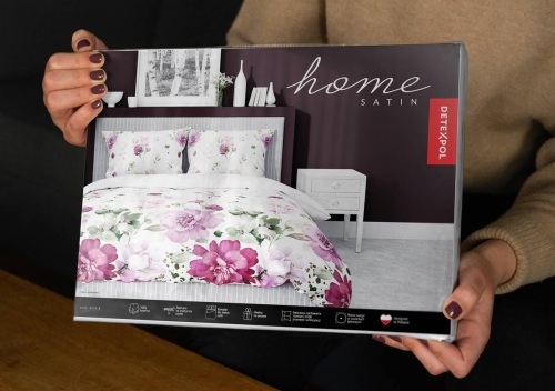 Pościel satyna bawełniana Home Satin biała 160x200 kwiaty w odcieniach różu i fioletu