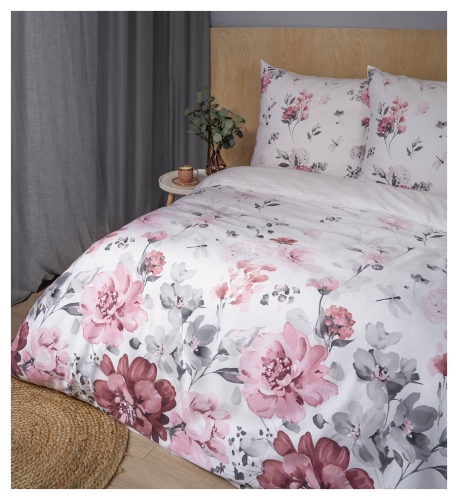 Pościel satyna bawełniana Home Satin biała 160x200 kwiaty popielato różowe