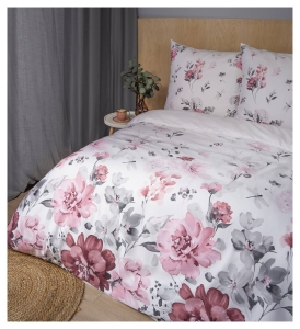 Pościel satyna bawełniana Home Satin biała 200x200 kwiaty popielato różowe