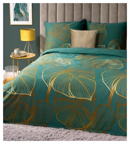 Pościel satyna bawełniana Home Satin zielona 160x200 w złote liście