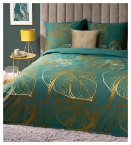 Pościel satyna bawełniana Home Satin zielona 220x200 w złote liście