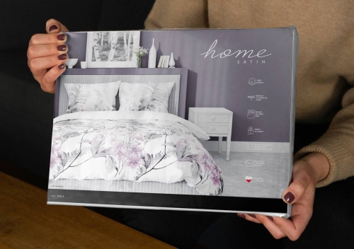 Pościel satyna bawełniana Home Satin biała 160x200 w popielate liście, różowe kwiaty