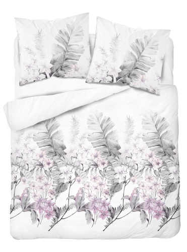 Pościel satyna bawełniana Home Satin biała 220x200 w popielate liście, różowe kwiaty