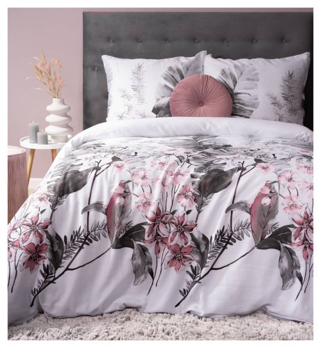 Pościel satyna bawełniana Home Satin biała 220x200 w popielate liście, różowe kwiaty