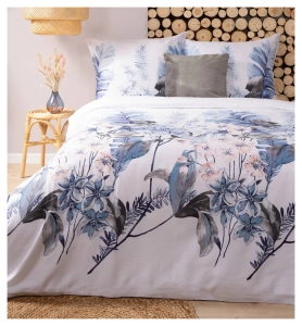 Pościel satyna bawełniana Home Satin biała 160x200 w błękitne liście i kwiaty