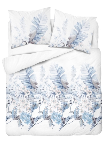 Pościel satyna bawełniana Home Satin biała 160x200 w błękitne liście i kwiaty