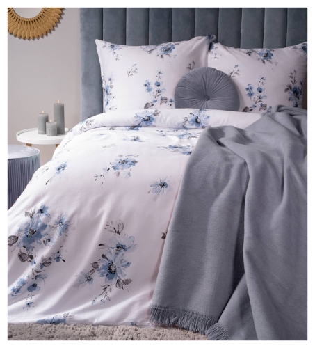 Pościel satyna bawełniana Home Satin biała 160x200 w błękitne kwiaty