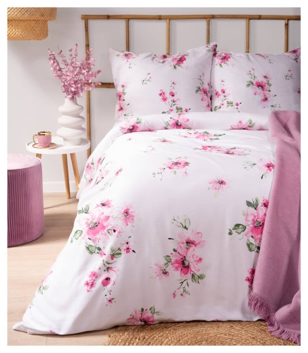Pościel satyna bawełniana Home Satin biała 220x200 w różowe kwiaty