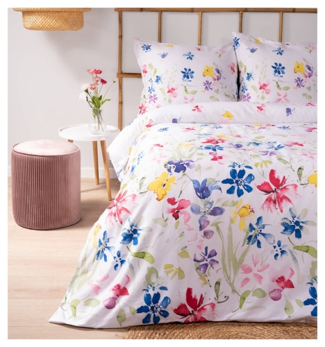 Pościel satyna bawełniana Home Satin biała 220x200 w kolorowe kwiaty