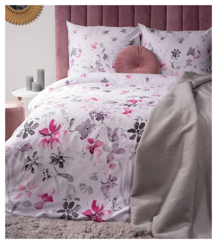 Pościel satyna bawełniana Home Satin biała 160x200 w różowo popielate kwiaty
