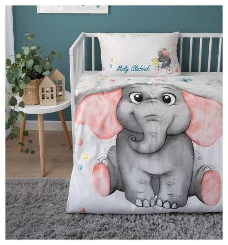 Komplet pościeli bawełnianej biało niebieskiej do łóżeczka 90x120 Słonik