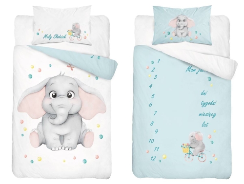 Komplet pościeli bawełnianej biało niebieskiej do łóżeczka 90x120 Słonik