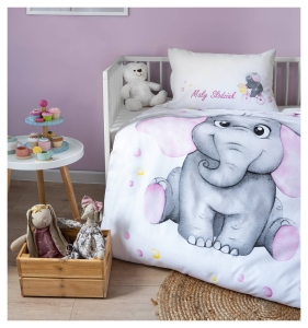 Komplet pościeli bawełnianej biało różowej do łóżeczka 90x120 Słonik