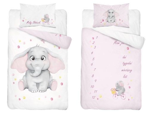 Komplet pościeli bawełnianej biało różowej do łóżeczka 90x120 Słonik