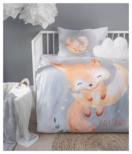 Komplet pościeli bawełnianej biało popielatej do łóżeczka 90x120 Lisek