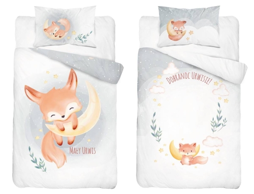 Komplet pościeli bawełnianej biało popielatej do łóżeczka 90x120 Lisek