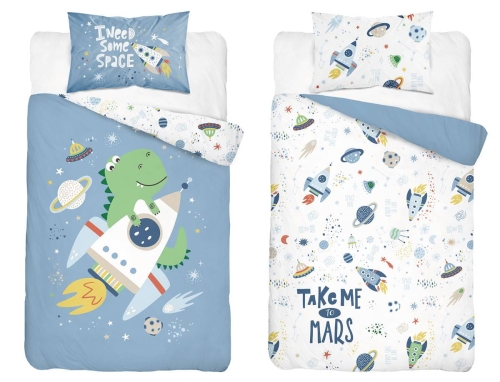 Komplet pościeli bawełnianej 90x120 Dinozaur z rakietą
