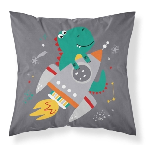 Poszewka dziecięca stalowa 40x40 zielony smok z rakietą