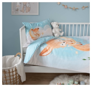 Komplet pościeli bawełnianej błękitnej do łóżeczka 100x135 Lisek 