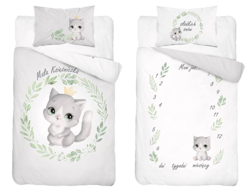 Komplet pościeli bawełnianej białej do łóżeczka 100x135 Kotek