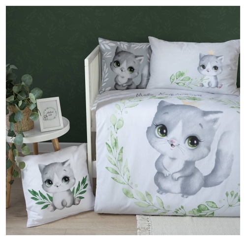 Komplet pościeli bawełnianej białej do łóżeczka 100x135 Kotek