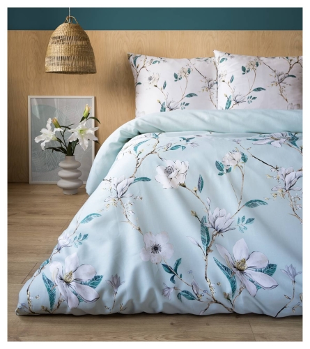 Pościel satyna bawełniana miętowa Home Satin 160x200 w białe kwiaty