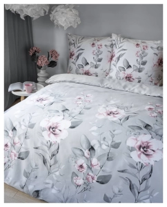 Pościel satyna bawełniana popielata Home Satin 160x200 w różowe kwiaty