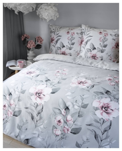 Pościel satyna bawełniana popielata Home Satin 220x200 w różowe kwiaty 
