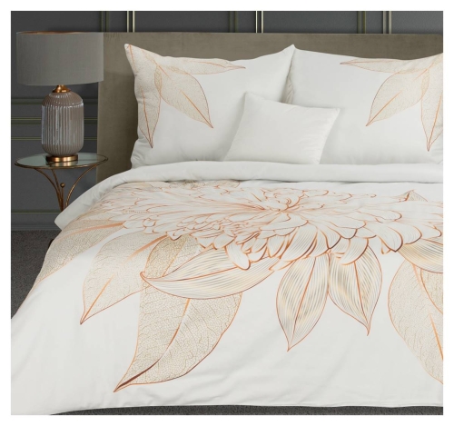 Ekskluzywna pościel makosatyna biała w złoty kwiat 160x200 Blanca