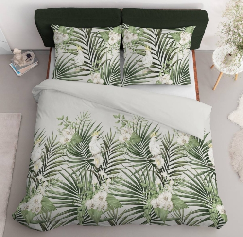 Pościel satyna bawełniana biała w zielone liście Home Satin 160x200 z papugą  