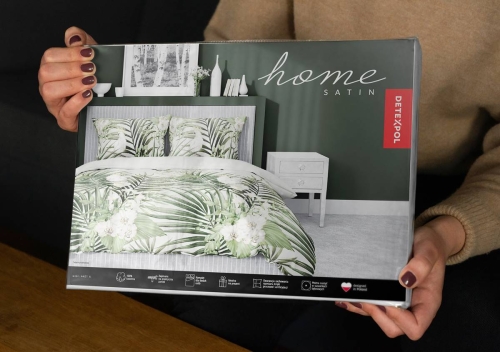 Pościel satyna bawełniana biała w zielone liście Home Satin 160x200 z papugą  