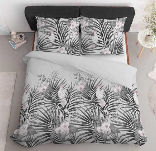 Pościel satyna bawełniana popielata w stalowe liście Home Satin 220x200 z papugą