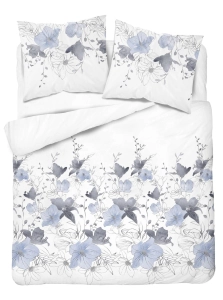 Pościel satyna bawełniana biała Home Satin 160x200 w błękitno popielate kwiaty